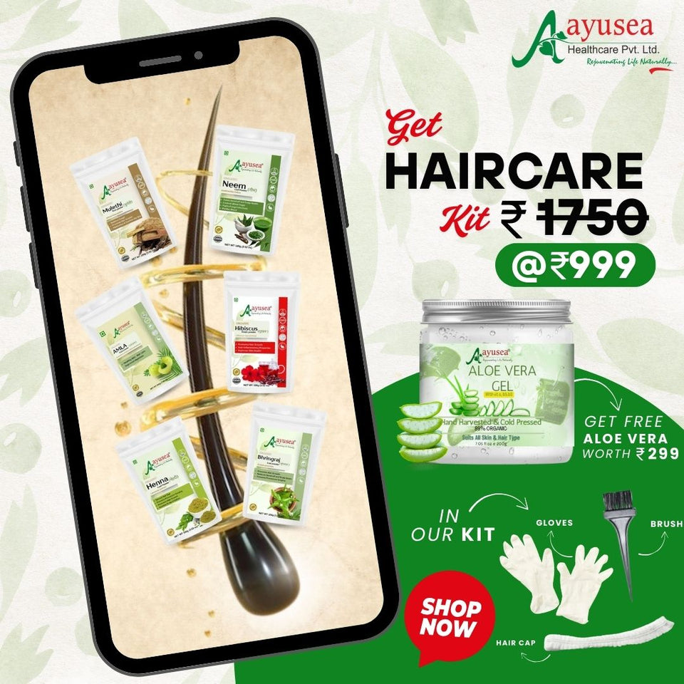 AYUSEA complete hair care kit combo-Contains 6 products ( Amla powder, Hibiscus powder, Bhringraj powder, Henna powder & Neem powder, Mulethi powder).