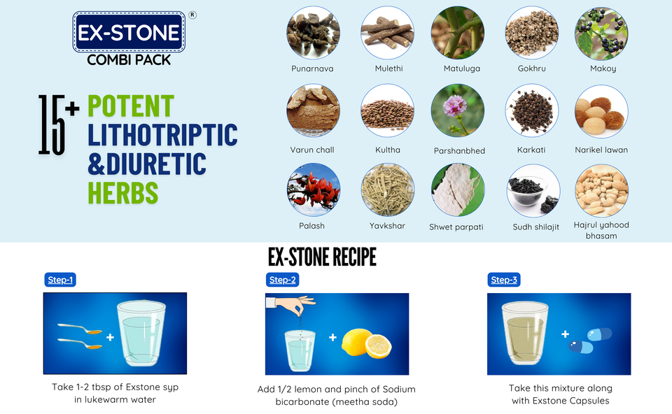 AYUSEA EX-STONE Ayurvedic Combi Pack, 30 capsules and 200ml syrup for kidney stone