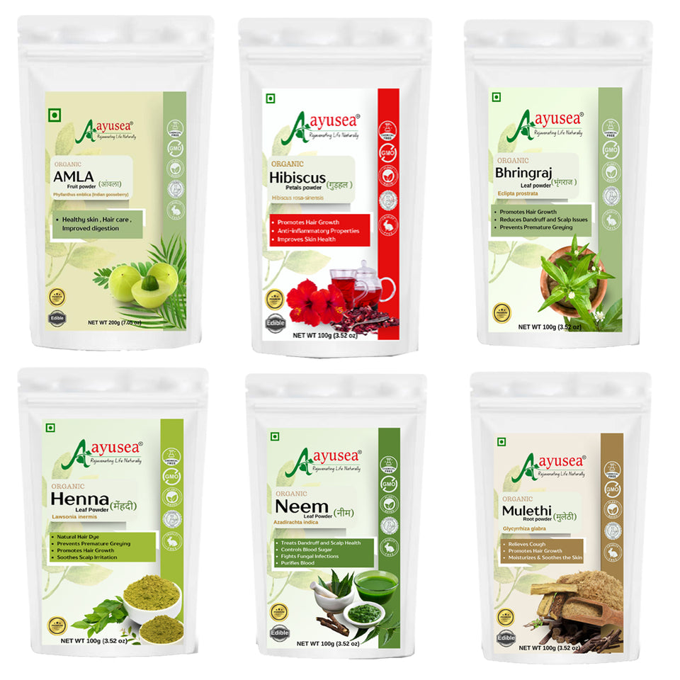 AYUSEA complete hair care kit combo-Contains 6 products ( Amla powder, Hibiscus powder, Bhringraj powder, Henna powder & Neem powder, Mulethi powder).