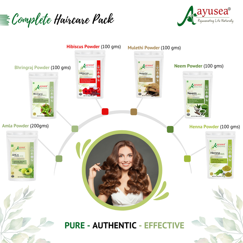 AYUSEA complete hair care kit combo-Contains 6 products ( Amla powder, Hibiscus powder, Bhringraj powder, Henna powder & Neem powder, Mulethi powder).