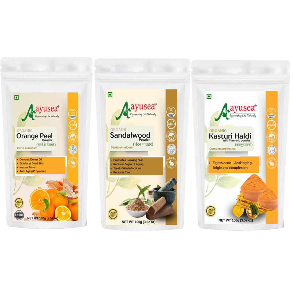 AYUSEA Combo - Contains 3 products {Orange Peel powder (100g), Sandalwood powder (100g), Kasturi haldi powder(100g)} for radiant and youthful skin, 100% Pure & organic, no artificial ingredients