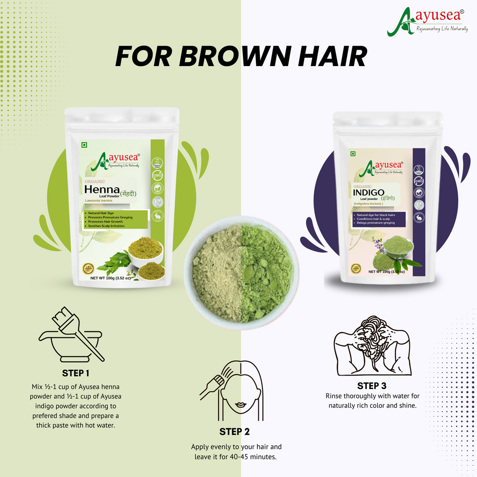 AYUSEA pure henna powder and indigo powder combo (100gm each) for natural dye for black/brown hair color | no added color and preservative