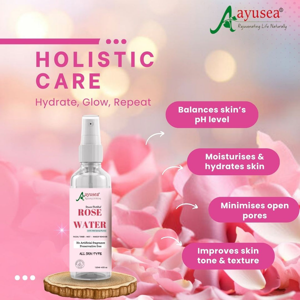 AYUSEA Hibiscus powder (100g) and Rose water (120ml) combo for glowing and youthful skin and hair growth