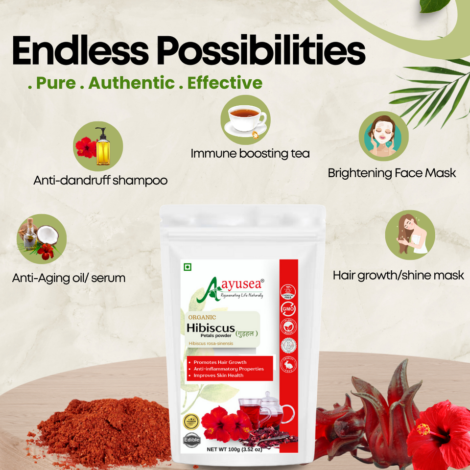 AYUSEA Hibiscus powder (100g) and Rose water (120ml) combo for glowing and youthful skin and hair growth