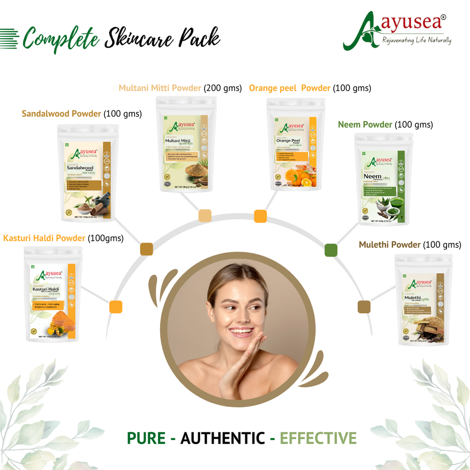 AYUSEA complete skin care kit combo - Contains 6 products ( Orange Peel, Sandalwood, Kasturi Haldi, Multani Mitti, Neem powder, Mulethi powder).