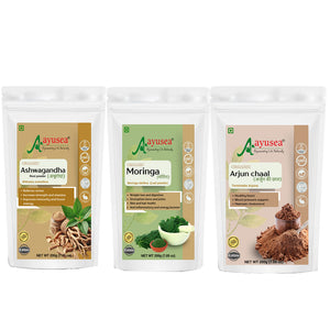 AYUSEA Health Kit -Arjun chaal powder (200g) and Moringa powder (200g) and Ashwagandha powder (200g) combo for cardio health, stress reduction and for holistic wellness