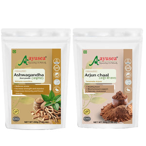 AYUSEA Ashwagandha powder (200g) and Arjun chaal powder (200g) combo for cardiovascular health and stress management