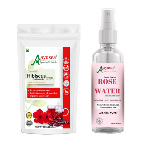 AYUSEA Hibiscus powder (100g) and Rose water (120ml) combo for glowing and youthful skin and hair growth