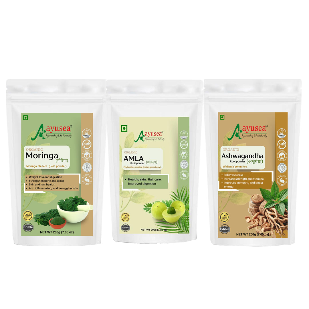 AYUSEA Moringa powder (200g) and Ashwagandha powder (200g) and Amla po ...
