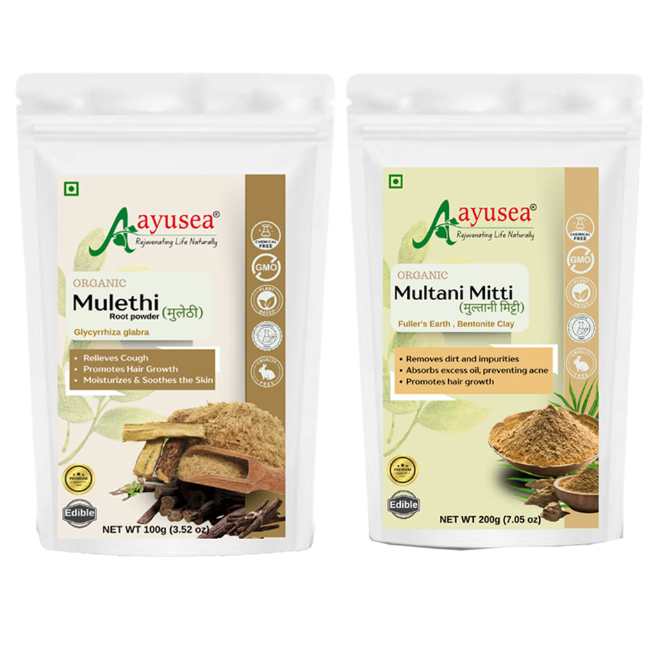 AYUSEA skin care combo pack -Mulethi powder (100g) and Multani mitti powder(200g) for clear and glowing skin 100% pure and natural- no artificial ingredients