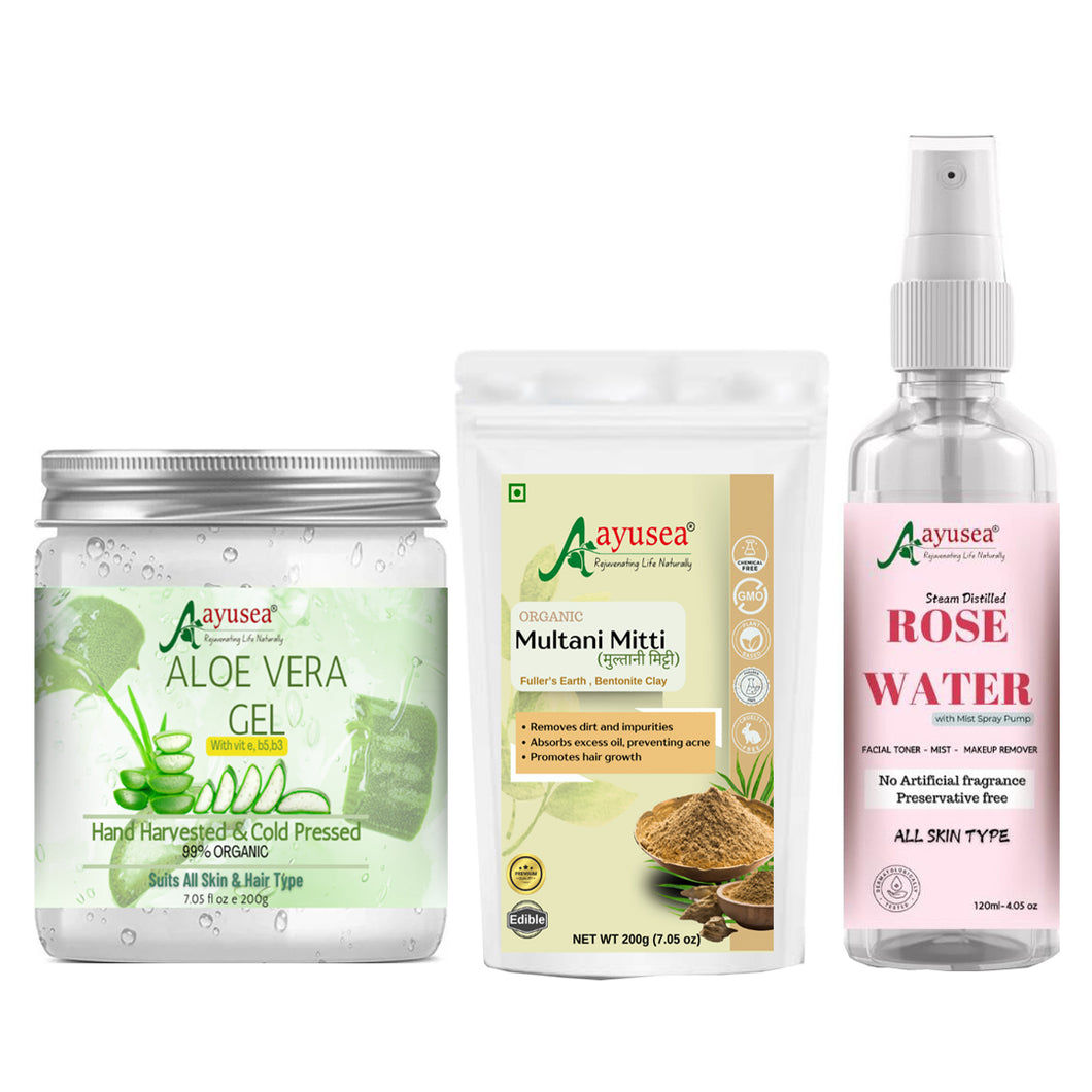 AYUSEA Aloe vera gel(200g) , Multani mitti powder (200g) and Rose water (120ml) combo for oily skin , acne and hyderation