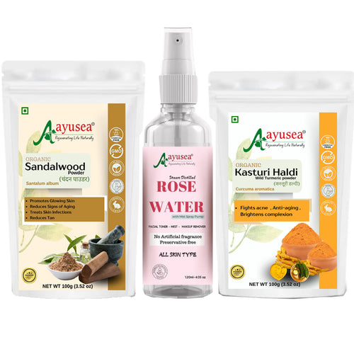 AYUSEA Sandalwood powder (100g) and Rose water (120ml) and kasturi haldi powder (100g) combo for glowing and youthful skin